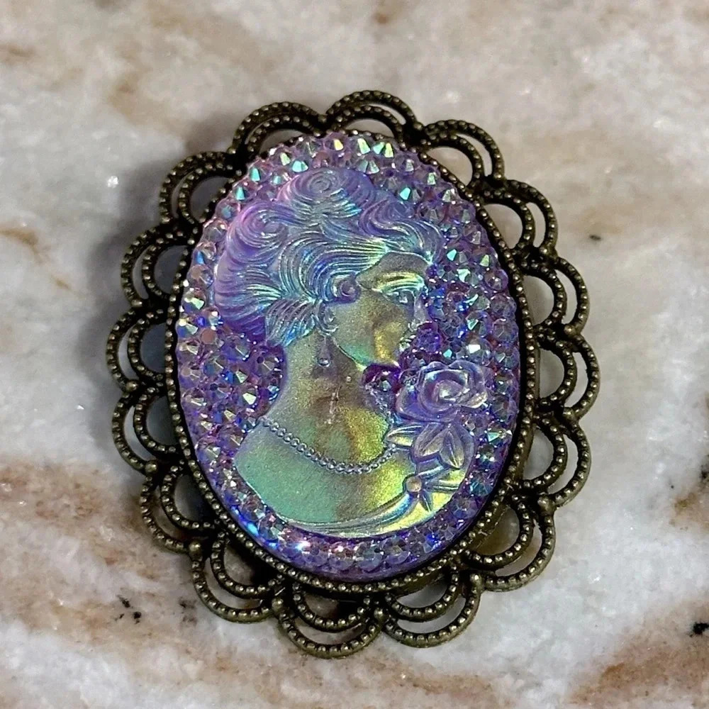 Purple Aurora Borealis Finish Iridescent Acrylic Vintage Style Brooch Brass